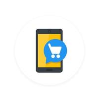 icono plano de compras móviles, teléfonos inteligentes y carritos vector