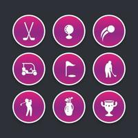 Golf icons set, clubs, player, golfer, golf bag, trendy round pictograms, vector illustration