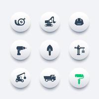 conjunto de iconos de construcción, paleta, taladro, rodillo de pintura, excavadora, camión pesado, grúa, cinta métrica, ilustración vectorial