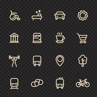 line icons set for map, pictograms, signs for navigation, gold on dark, vector illustration