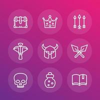 Game line icons set 2, RPG, crossbow, chest, arrows, crown, potion, medieval, dark magic, fantasy items, vector illustration
