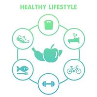 Healthy lifestyle icons on white, diet, recreation, fitness activity, jogging, healthy food, vector illustration