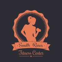 Fitness Center, vintage logo, emblem, t-shirt print, sign with athletic girl, vector illustration