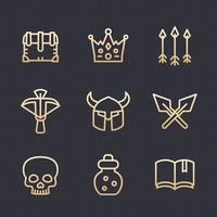 conjunto de iconos de línea de juego 2, rpg, ballesta, cofre, flechas, poción, medieval, magia oscura, artículos de fantasía, oro en la oscuridad vector