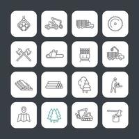 Logging line icons set, timber harvester, logging truck, lorry, lumberjack, lumber, sawmill vector