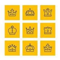 conjunto de iconos de línea de coronas, realeza, rey, monarca, soberano, zar, símbolos de reina