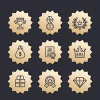 Rewards, prizes, gifts linear icons on gold badges vector