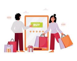 Man and woman is standing near the smartphone with packages and gift boxes, while man is pressing buy button on the screen. Online purchase, mobile order, order online etc vector concept.