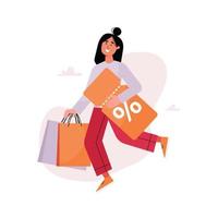 Young woman is happily running with purchases and discount coupon. Discount, sale, customer bonus concept. Vector concept illustration in flat cartoon style.