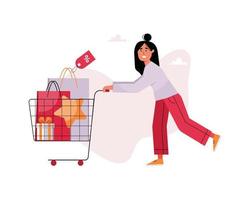 A woman is carrying a cart with purchases and gifts. Flat cartoon vector illustration.