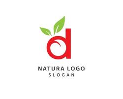 hoja natural abstracta, logotipo de letra d natural, diseño de vector de letra d minúscula