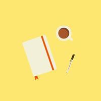 top view of empty blank notebook, coffee and pen on desk vector