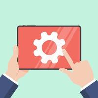 Hands holding black tablet device isolated on light blue background. Pad tablet in human's hands with gears on screen flat design vector illustration. Technology concept of maintenance cog symbol.