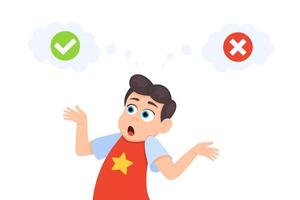 Little doubt boy kid between right and wrong check marks flat style design vector illustration