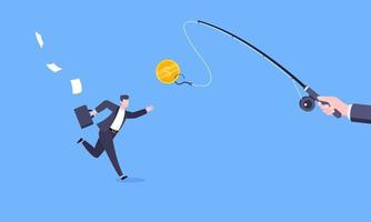 Fishing money chase business concept with businessman running after dangling dollar and trying to catch it. vector