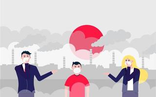 Confused man, woman, kid masks against smog. Fine dust, air pollution, industrial smog protection concept flat style design vector illustration. Industrial plant pipes with huge clouds of smoke behind