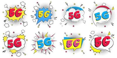 5g nueva conexión wifi inalámbrica a internet estilo cómico texto de exclamación de burbuja de voz 5g ilustración vectorial de diseño de estilo flay aislada en conjunto de fondo blanco. nuevo icono de señal de internet móvil. vector