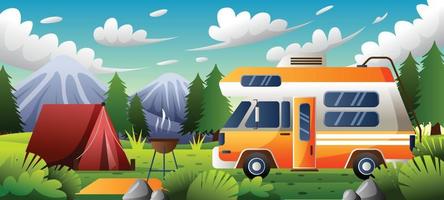 camping con fondo de autocaravana vector