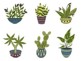 Vector set of indoor flowers in pots. Beautiful home plants in ceramic pots isolated on white background. Cactus, deffenbachia, lilies, sanservier, palm. Group of icons in flat style