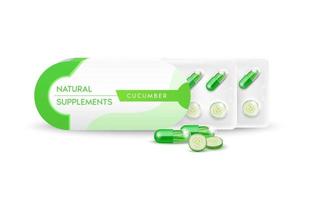 Green cucumber in capsule. Natural supplements vitamins and minerals. Slices of vegetables and fruit in a drug packaging and box. Positive beauty and Medical health concept. Realistic 3D Vector. vector
