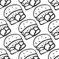 patrón sin costuras con iconos de hamburguesas. fondo de hamburguesa en blanco y negro. garabato, vector, hamburguesa, ilustración vector