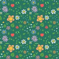 Colorfull seamless floral vector pattern. Doodle vector with floral pattern on green background. Vintage floral pattern