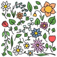 iconos de flores de colores sobre fondo blanco. Doodle ilustración vectorial con flores sobre fondo blanco. estampado de flores de la vendimia vector