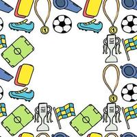 Seamless football pattern with place for text. Doodle football illustration with a soccer ball, championship cup, shoes, football field. Football world cup background vector