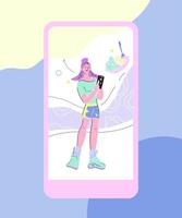 Sportive athletic woman cartoon character using mobile phone for compilation dieting menu and workout planning. Health monitoring and weight control applications technology. Flat vector Illustration.