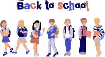Back to school banner or poster with children, schoolboys and schoolgirls cartoon characters flat vector illustration background. Cute kids in educational autumn back to school concept.