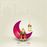 Islamic design greeting card background template with ornamental colorful of mosaic, crescent moon and islamic lantern vector