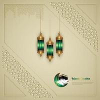 Islamic design greeting card background template with ornamental colorful of mosaic, kaaba and islamic lantern. vector