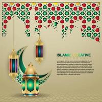 Islamic design greeting card background template with ornamental colorful of mosaic, crescent moon and islamic lantern vector