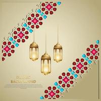 Islamic design greeting card background template with ornamental colorful of mosaic and islamic lantern vector