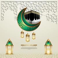 Islamic design greeting card background template with ornamental colorful of mosaic, crescent moon, kaaba and islamic lantern vector