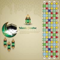 Islamic design greeting card background template with ornamental colorful of mosaic, kaaba and islamic lantern. vector