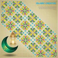 Islamic design greeting card background template with ornamental colorful of mosaic, crescent moon and islamic lantern vector