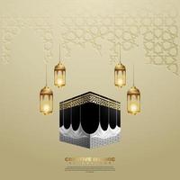 Islamic design greeting card background template with ornamental colorful of mosaic, kaaba and islamic lantern vector