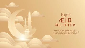 Background happy greeting eid al fitr with cloud shape, moon, lantern, gradient, minimalis color. vector