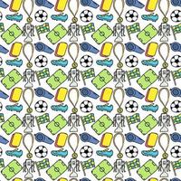 Seamless football pattern. Doodle football illustration with a soccer ball, championship cup, shoes, football field. Football world cup background vector