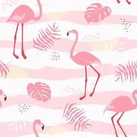 Seamless pattern with pink flamingos, tropical palm leaves, monstera. Summer abstract ornament. Vector graphics.