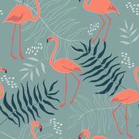 Seamless pattern with flamingos, tropical palm leaves, monstera. Summer abstract ornament. Vector graphics.