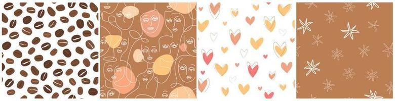 A set of seamless pattern with coffee beans, women's linear portraits, faces, hearts. Simple romantic abstract print. Vector graphics.