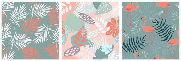 Seamless pattern set with flamingo birds, tropical palm leaves and monsters. Exotic animal print. Vector graphics.