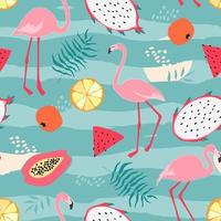 Seamless pattern with flamingos, tropical fruits, palm leaves. Summer abstract ornament. Vector graphics.