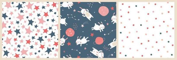 A set of seamless pattern with a cute baby print with hares in space. Sleeping rabbits fly in the sky with stars and planets. Vector graphics.