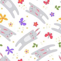 Seamless pattern with funny hares. Rabbits jump, fly among summer flowers and butterflies. Easter print. Vector graphics.