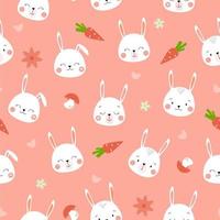 Seamless pattern with hares, flowers and carrots, hearts. Summer print with funny rabbits. Vector graphics.