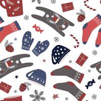 patrones sin fisuras de navidad con liebres, conejos en sombreros de santa. copos de nieve, estrellas, estampado de invierno para el nuevo año, calcetines, mitones, tazas con una bebida caliente. gráficos vectoriales vector