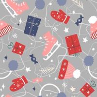 Seamless pattern with winter ornament. Christmas print with socks, hats, gifts, sweets, ice skates. Vector graphics.